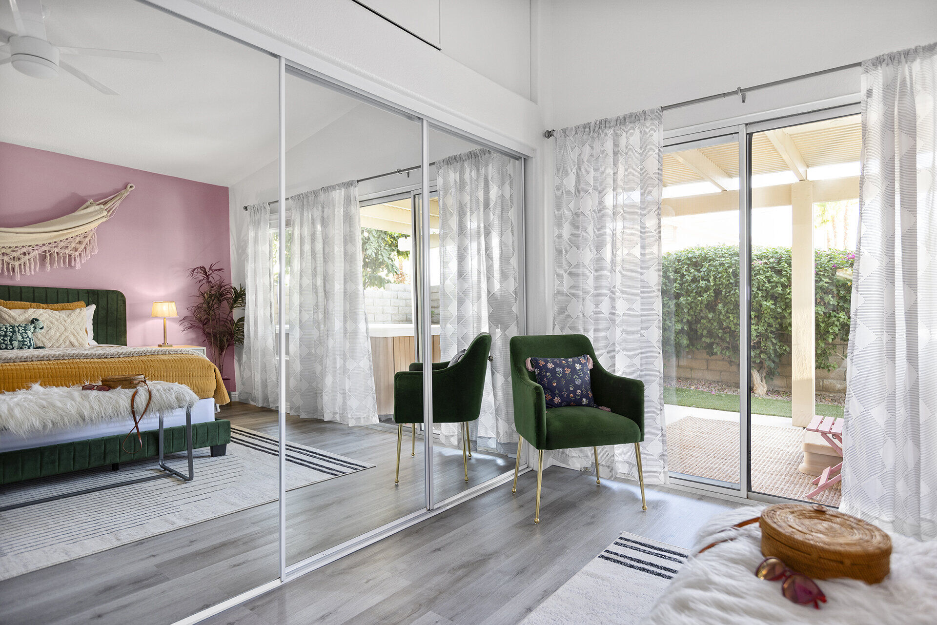 Poolside seating area at dusk